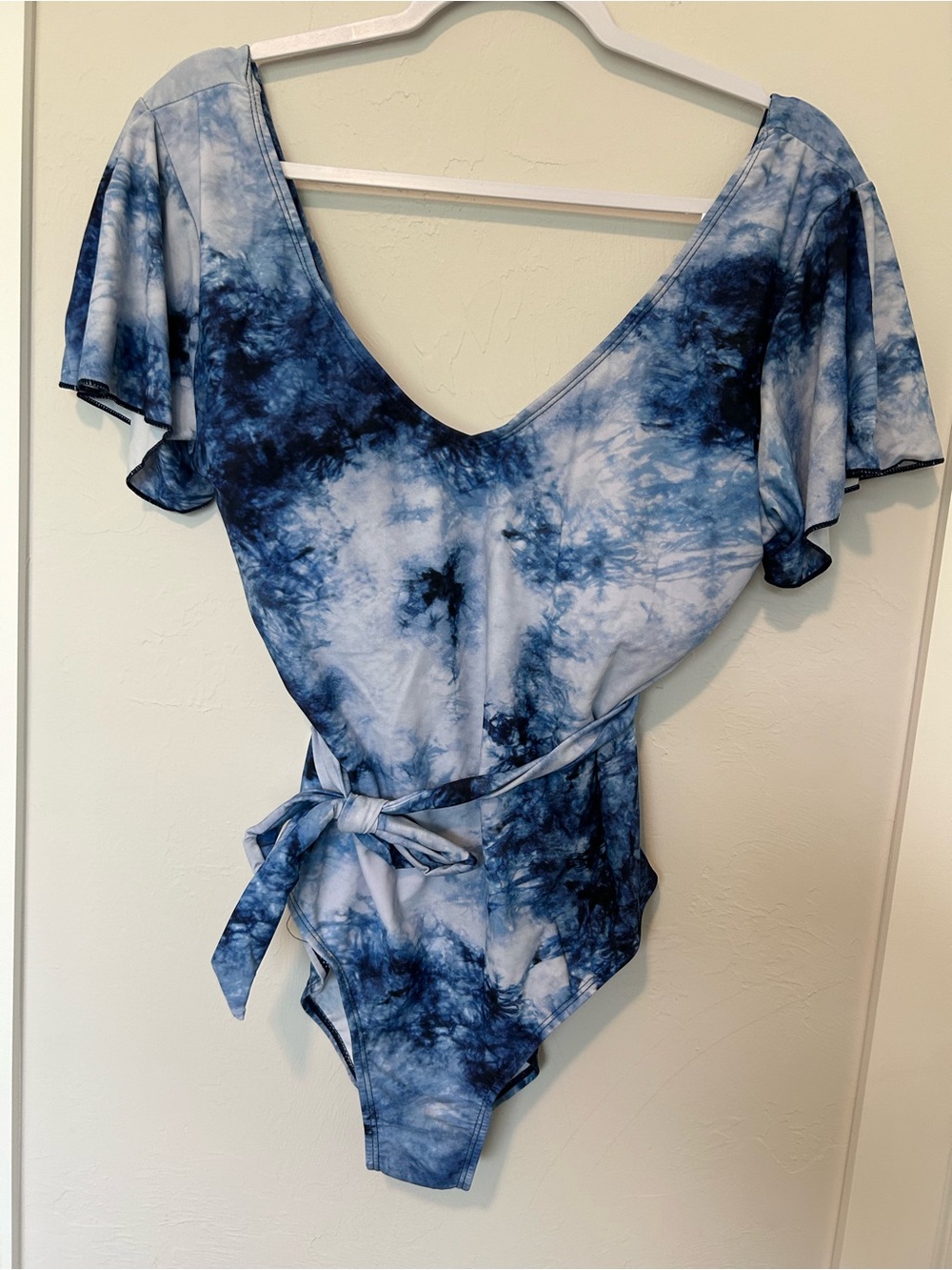 Blue Tie-Dye One-Piece Swimsuit with Flutter Sleeves